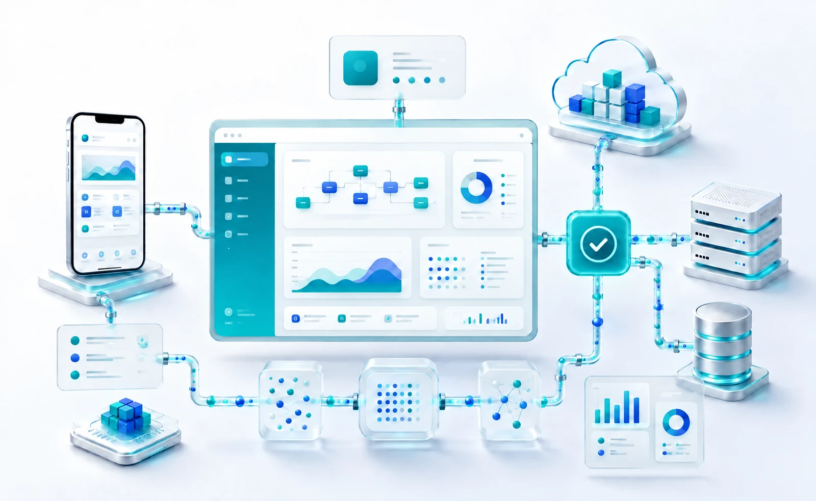 Enterprise software services connecting applications, mobile systems, data, secure APIs and cloud infrastructure