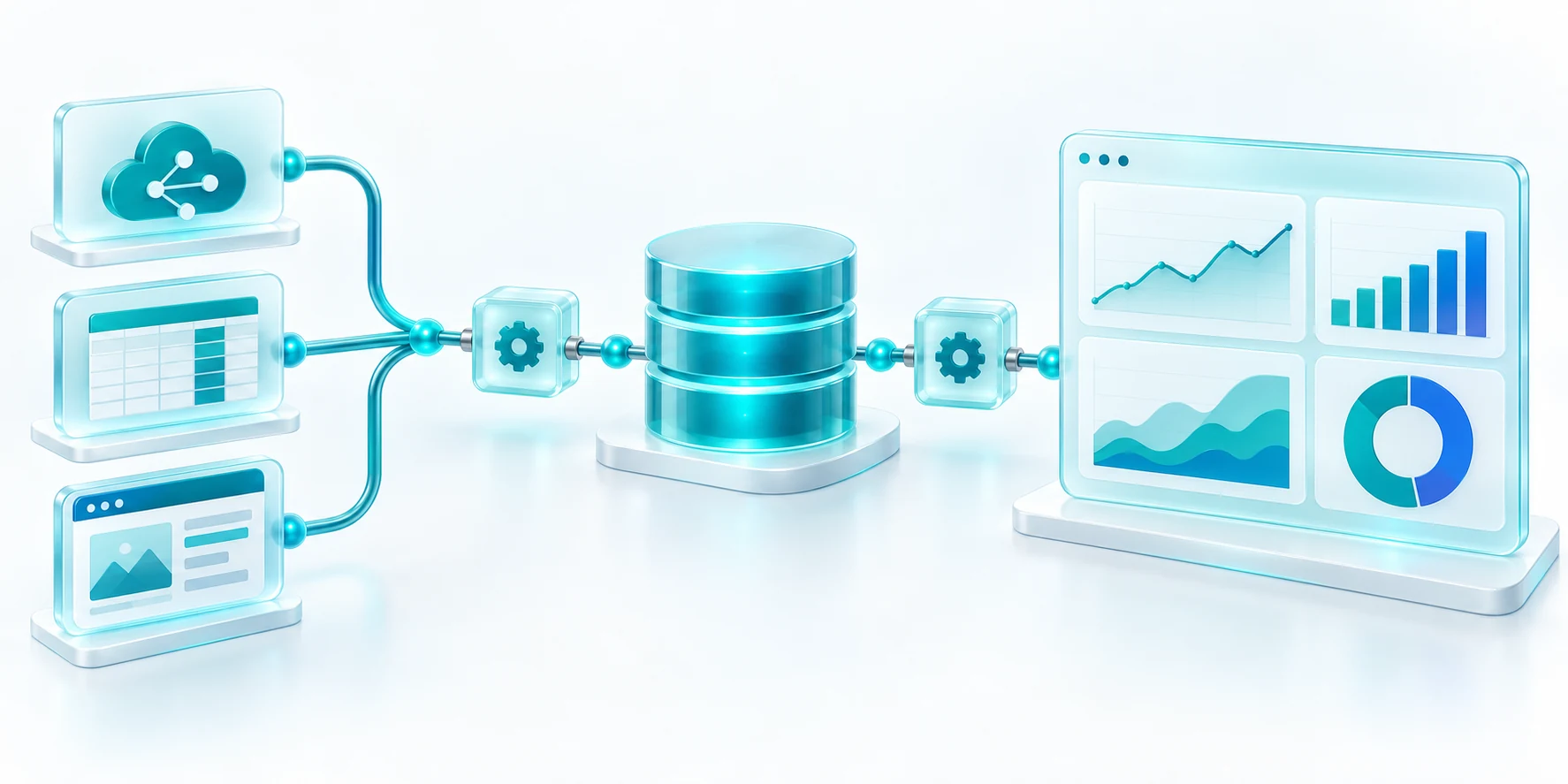 Business intelligence pipeline connecting multiple data sources to analytics dashboards